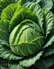 Close-up of a fresh green cabbage showcasing its detailed, textured leaves. The rich green color and intricate patterns highlight the vegetable
