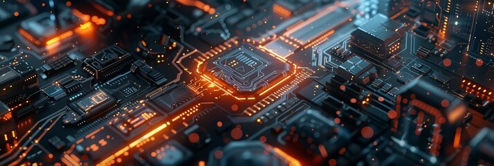 Fototapeta premium A detailed close-up of an advanced AI chip with intricate circuitry and glowing elements symbolizing cutting-edge technology