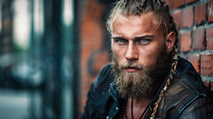 Obraz premium Viking Warrior with Braided Beard, Modern days Viking, A way of life, call of the wild, A new kind of beauty.