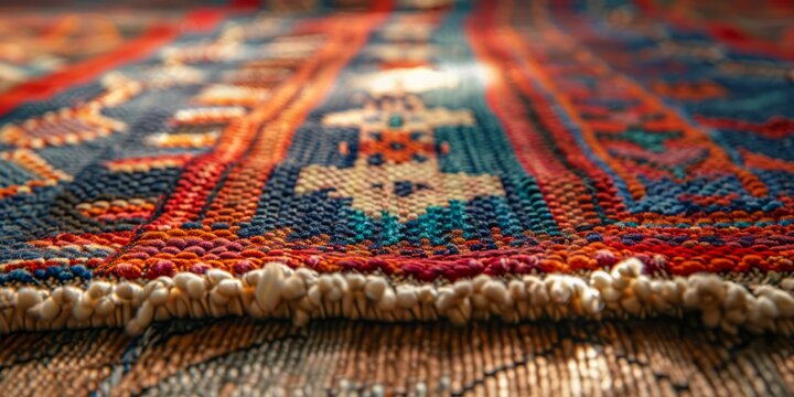 A detailed close-up shot of a vibrant woven rug with intricate patterns and a white fringe - Powered by Adobe