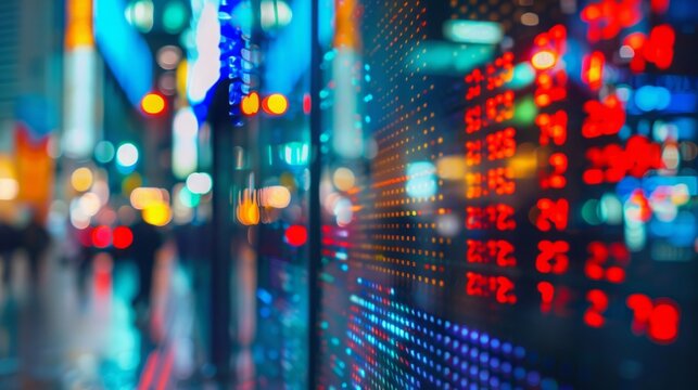 A blurred image of a stock ticker display with city lights reflecting on the screen at night.
