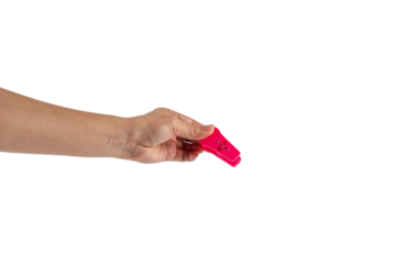 Close up of clothes peg in hand on transparent background