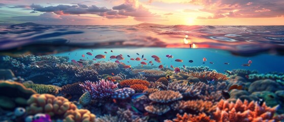 Serene Underwater Paradise: Split View of Coral Reef and Sunset Sky