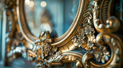 Fototapeta premium A close-up of a gold mirror frame with intricate floral designs