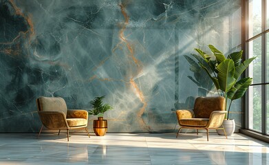 A modern living room with a marble wall, two chairs, and a potted plant. The room is well-lit and...