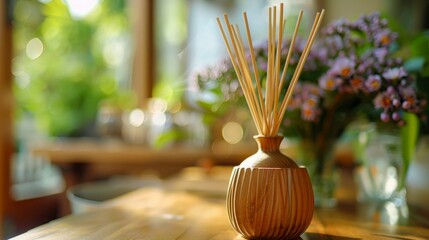 Close-up of a wooden reed diffuser on a wooden table, with a blurred bouquet of flowers and a window view in the background