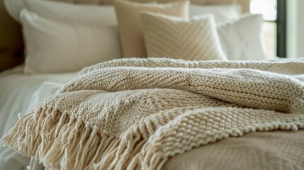 A cream knit throw blanket sits on a white bed, creating a cozy atmosphere in a bedroom
