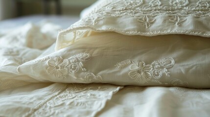 Obraz premium A close-up image of a white pillowcase with delicate floral embroidery
