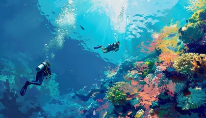 Fototapeta premium Explorers of the Deep: Divers Amongst a Lush and Colorful Coral Kingdom