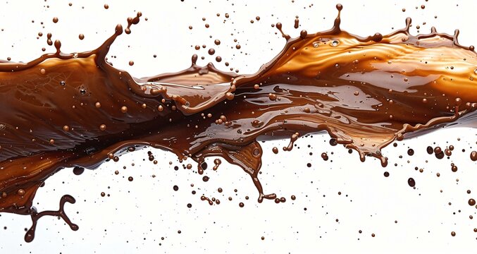 A splash of coffee in a white background with bubbles and droplets.