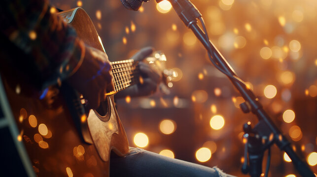 Guitarist Performing on Stage with Microphone