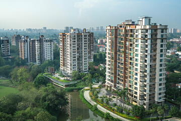 Residential area of ​​city consisting of high-rise residential buildings. Yards in vegetation