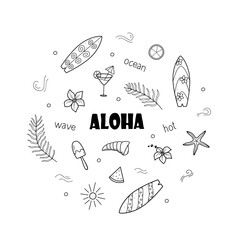 Aloha summer doodle icons. Vector illustration of a surfboard, palm flowers, shells. The concept of active and beach holidays.