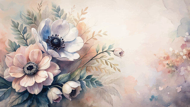 Vintage anemones flower watercolor background