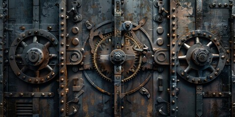 Closeup of an old, rusty metallic door with vintage mechanical details and gears.
