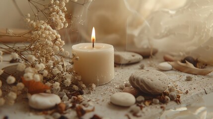 A lit candle placed among shells and flowers on a decorative surface