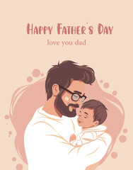 Vector holiday banner card cute, light pink beige colors, illustration of a happy father hugging his little son child daughter. Templates for Father's Day, Dad I love you, for poster, cover, postcard