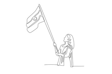 Woman holding Indian flag facing sideways. India independence day concept one-line drawing