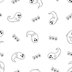 Seamless cartoon ghost pattern. Vector doodle illustration. Halloween haunted background.
