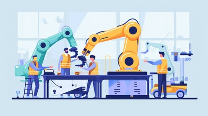 Fototapeta premium A team of engineers collaborating on a robotic arm's maintenance in a factory