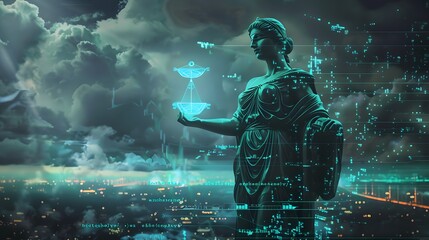 A woman holding a crystal in her hand. The crystal is glowing and surrounded by a blue light. The sky is cloudy and the city below is lit up. Scene is mysterious and ethereal