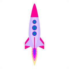 Spaceship icon in cartoon design. Rocket launch. Start up template. Business concept. Modern rocket design with three porthole. Flat style vector illustration.