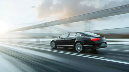 Luxury black sedan car speeding on an overpass with motion blur