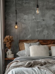 A cozy bedroom with a bed and a lamp