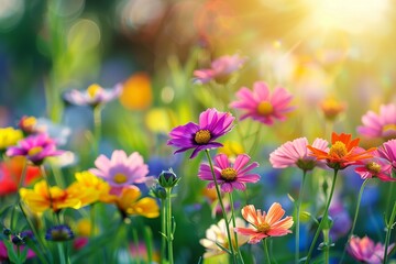 Colorful wildflowers bloom in a field bathed in summer sunshine