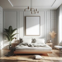 A bed in bedroom style interior set design have mockup poster empty white with and a plant creative Vibrant.
