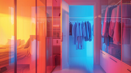 Front view of an opened wardrobe with full of clothes in neon holographic lights color tone and modern style.