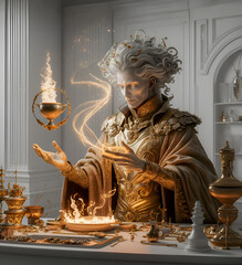 Obraz premium The alchemist in laboratory making phylosophy stone. Digital artwork. Ai generated.
