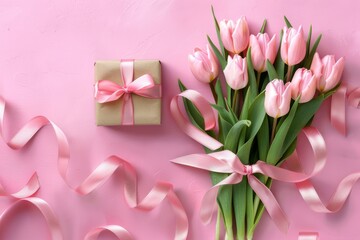 Creative floral concept. Pastel pink blooming bouquet of tulips flowers leaf flora with gift box of long swirl ribbon bow. Mock up template presentation. copy text space. top view, flat lay