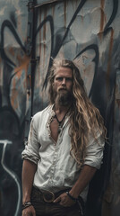 Naklejka premium Viking Man with Long Hair, Modern days Viking, A way of life, call of the wild, A new kind of beauty.