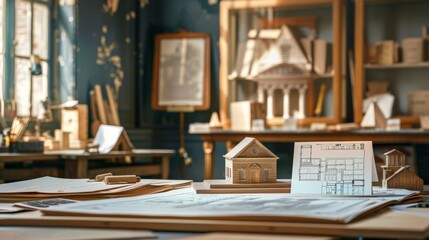 Preservationist's Vision Architectural Plans Model Building and Business Cards in Historic Workspace