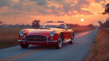 Classic Red Convertible Car on a Country Road at Sunset with Dramatic Sky and Warm Light