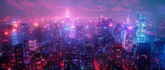Fototapeta premium Vibrant Neon Cityscape at Night with Skyscrapers and Illuminated Buildings in a Futuristic Urban Landscape