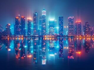 Obraz premium Vibrant Night Cityscape with Illuminated Skyscrapers Reflecting on Water - Modern Urban Skyline with Colorful Lights and Reflections