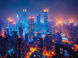 Obraz premium Vibrant Night Cityscape with Illuminated Skyscrapers and Neon Lights in a Modern Urban Setting