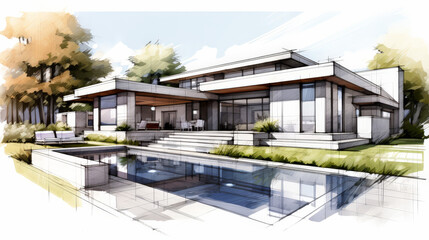 3D sketch design of a luxury modern house with a cubic structure, floor-to-ceiling windows, large patio, and lush garden area, isolated on a white background. Centered with sketch-like shadows, 