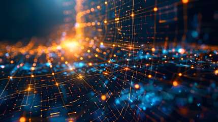 Obraz premium An abstract background with intricate network connections and data flow visuals, highlighted by bright points of light against a dark grid-like backdrop, symbolizing advanced technology
