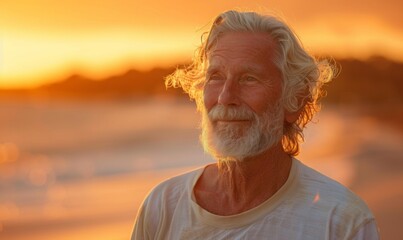 A serene moment in the golden hours--a senior surfer man walking on the beach after a surf session, his face reflecting the satisfaction and joy derived from the connection with the waves.