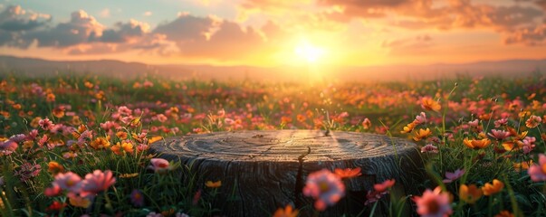 Elegant natural podium for product display, amidst a dreamy field of vibrant flowers, soft morning light enhancing serene mood, photorealistic, wide angle, dawn, digital art, AI Generative
