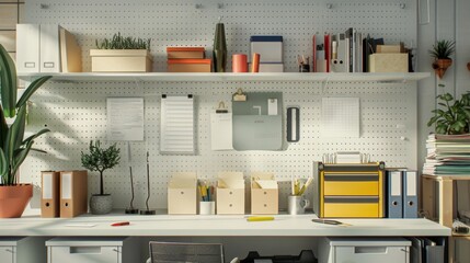 Efficient Home Office Organization Business Cards Labeled Bins and Pegboard Tools for Productivity and Planning