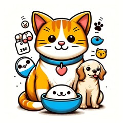 A cat design drawing graphic and dog design drawing graphics with a bowl of food eyecatching engaging engaging.