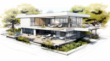 3D sketch design of a luxury modern house with a cubic structure, floor-to-ceiling windows, large patio, and lush garden area, isolated on a white background. Centered with sketch-like shadows, 