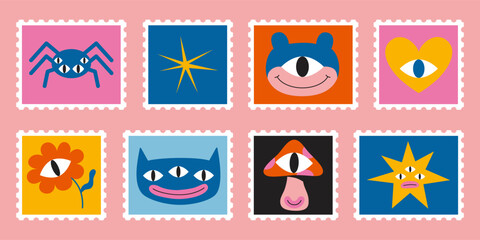 Set of cute hand-drawn post stamps with funny cartoon characters such as monsters, flower, star, spider and mushroom. Trendy modern vector illustartions, flat design