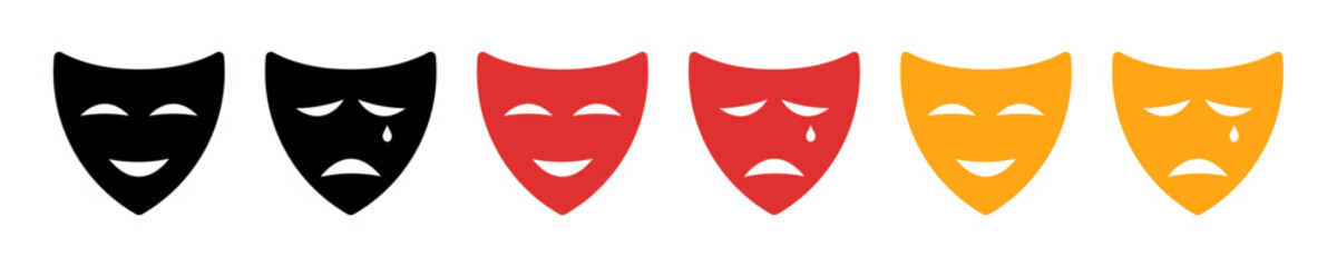 Masquerade vector icon set. Comedy and tragedy mask symbol. Drama, theater mask sign. Happy and sad mask symbol black, red, and yellow color.