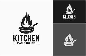 Pan Skillet Kitchen Cooking Cast Iron Hot Fire Flame Rustic Vintage Vector Logo Design Illustration