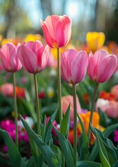 Colorful tulips in a garden, ideal for springtime themes. 